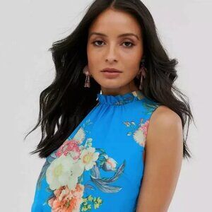 Oasis Blue Botanical Floral Pleated Midi Dress - Blue - UK 10 (US 6)